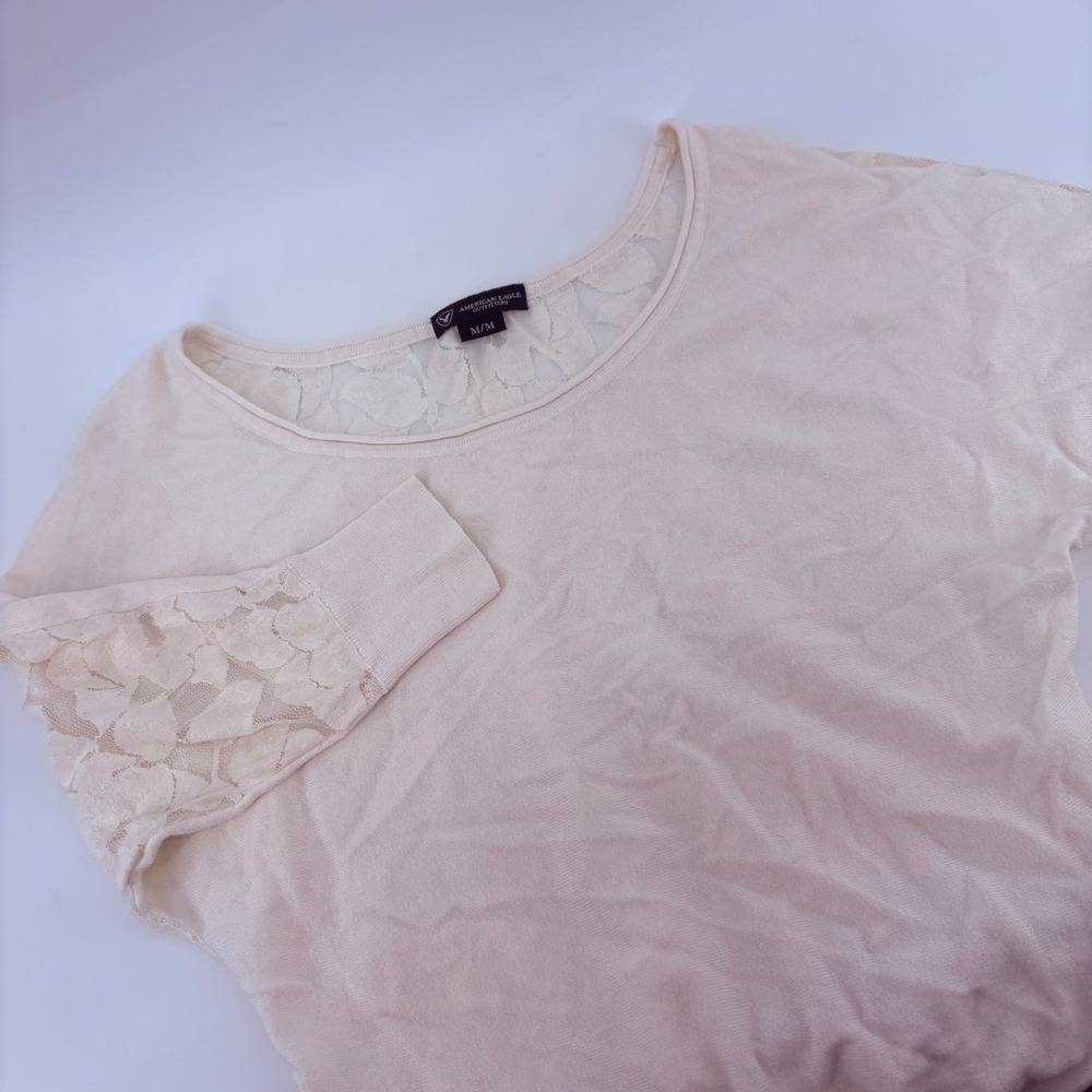 American Eagle Lace‎ Front Knit Sweater Off White Womens M Batwing Sleeve